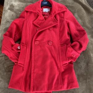 Woman’s Red Pea Coat from Delia’s, size small, blend of polyester and wool.